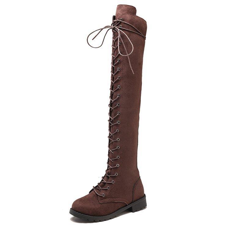Womens Fashion Casual Youth Retro Gothic Low Heel Lace Up Knee High Riding Boots