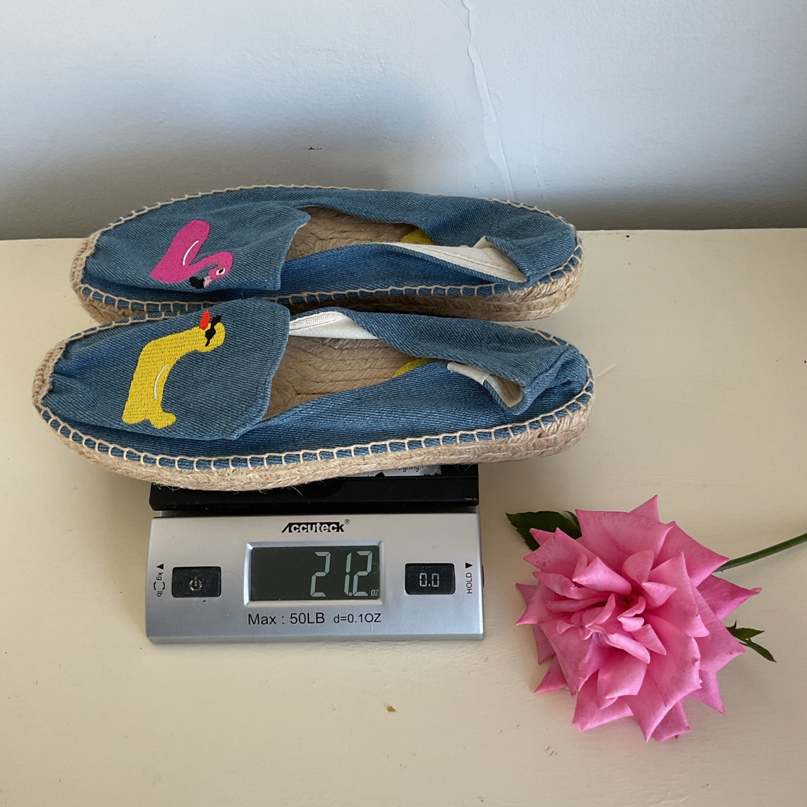 Soludos Espadrilles Embroidered Flamingo Duck Loafer Women Size 8 Blue Denim New