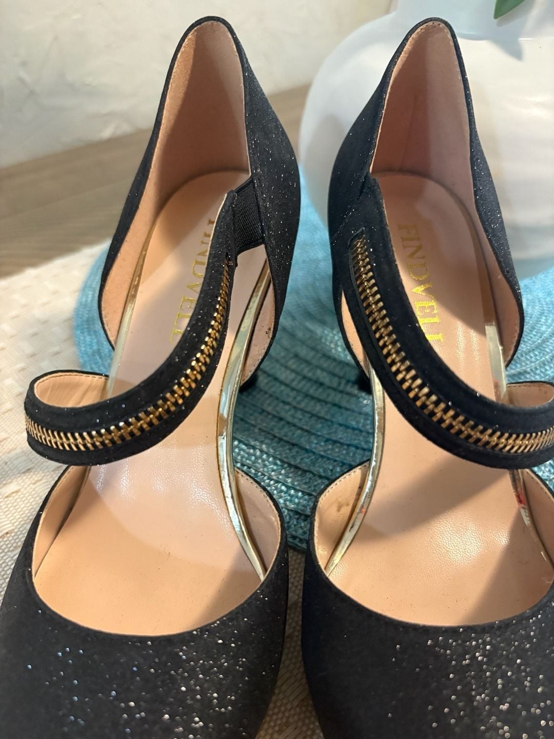 FINDVELL Black Shimmer Pumps with Decorative Zipper Strap Gold Accent Heels