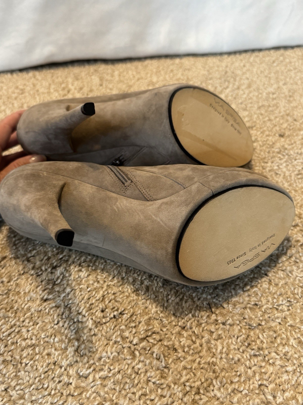 Via Spiga Women’s Gray Suede Open Toe Bootie Heel Zip Pom-Poms US 9