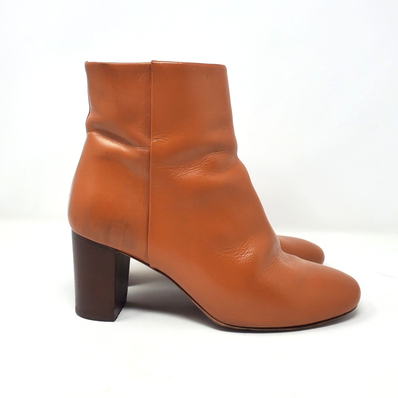 Sezane Lea Ankle Boots Block Heel Smooth Heritage Camel Tan Leather Size 39 US 8
