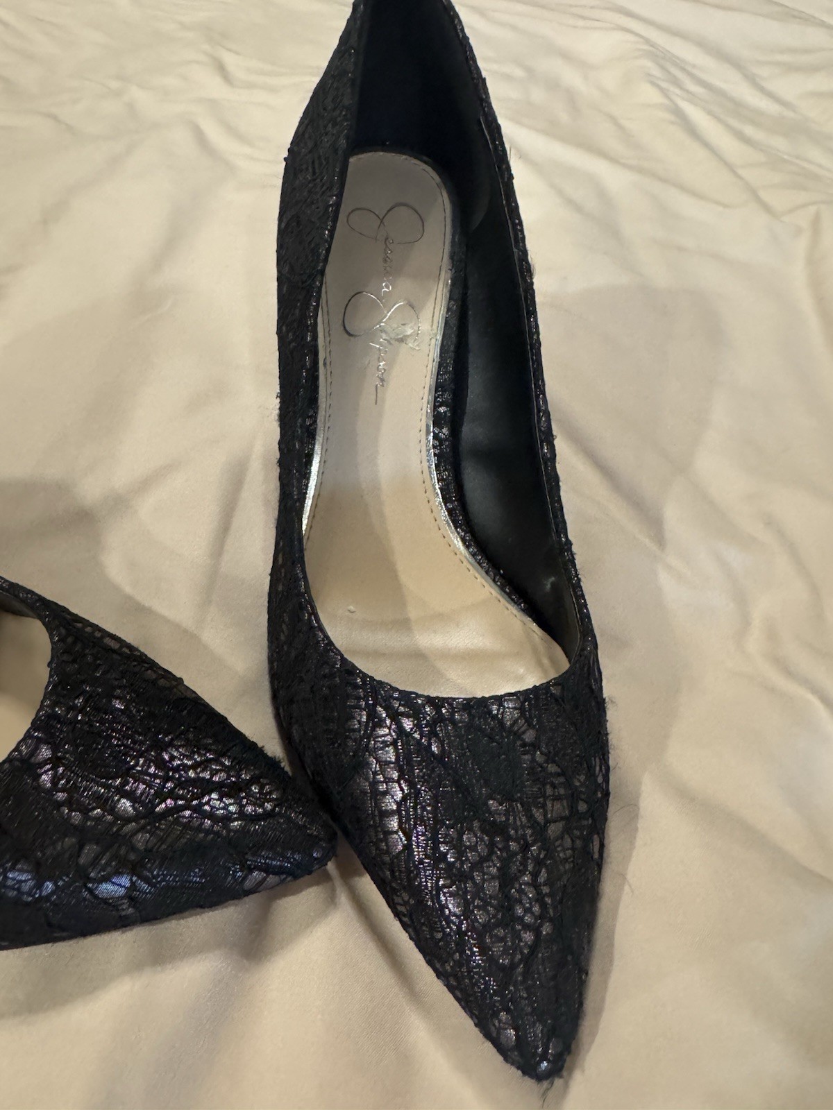 Jessica Simpson Women’s Black Lace Floral Pointed Toe Stiletto Pumps US 8.5