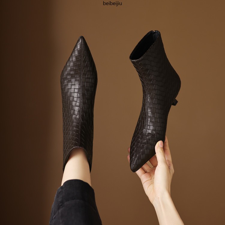 Women’s Weave Real Leather Ankle Boots Low Kitten Heel Dress Fashion Shoes Plus