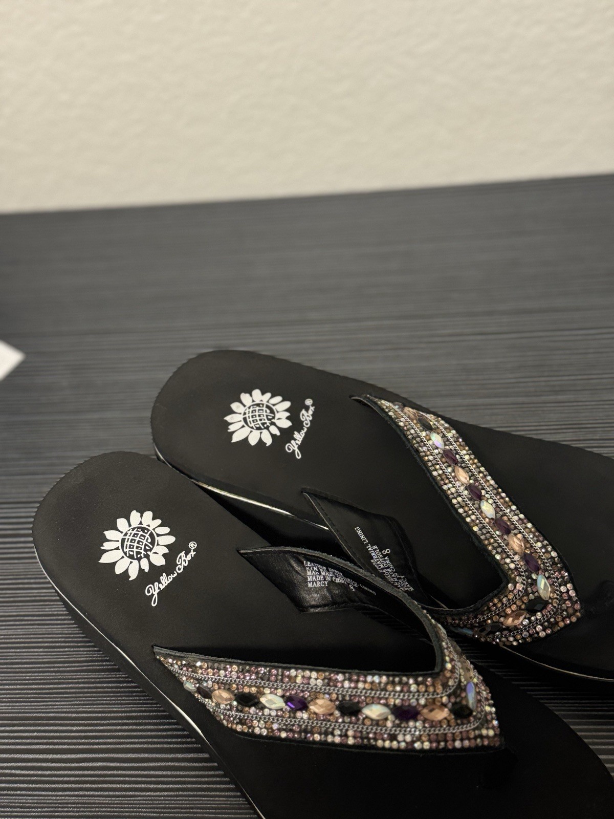Yellow Box Black Suede Thong Wedge Sandals Beaded Rhinestone Slip-On 8