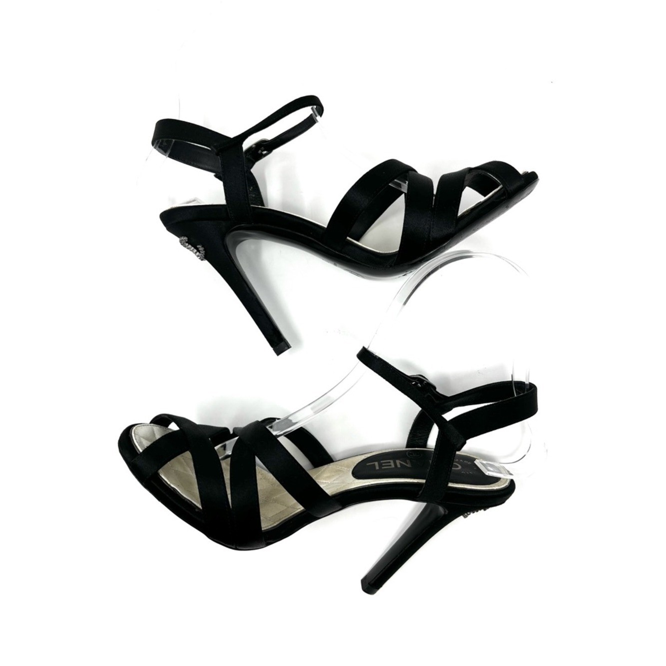 Chanel Strappy Black Satin Silver Crystal CC Logo High Heels Sandals Shoes 37 7