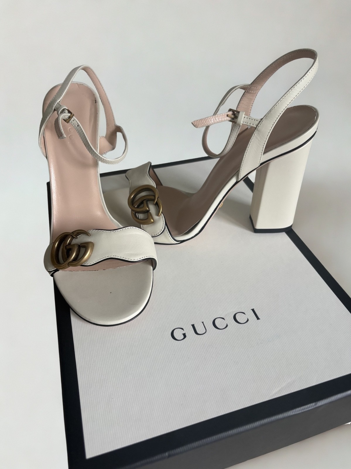 GUCCI Marmont Block Heel Sandals – Mystic White – Women’s EU 37 – Authentic – Wi
