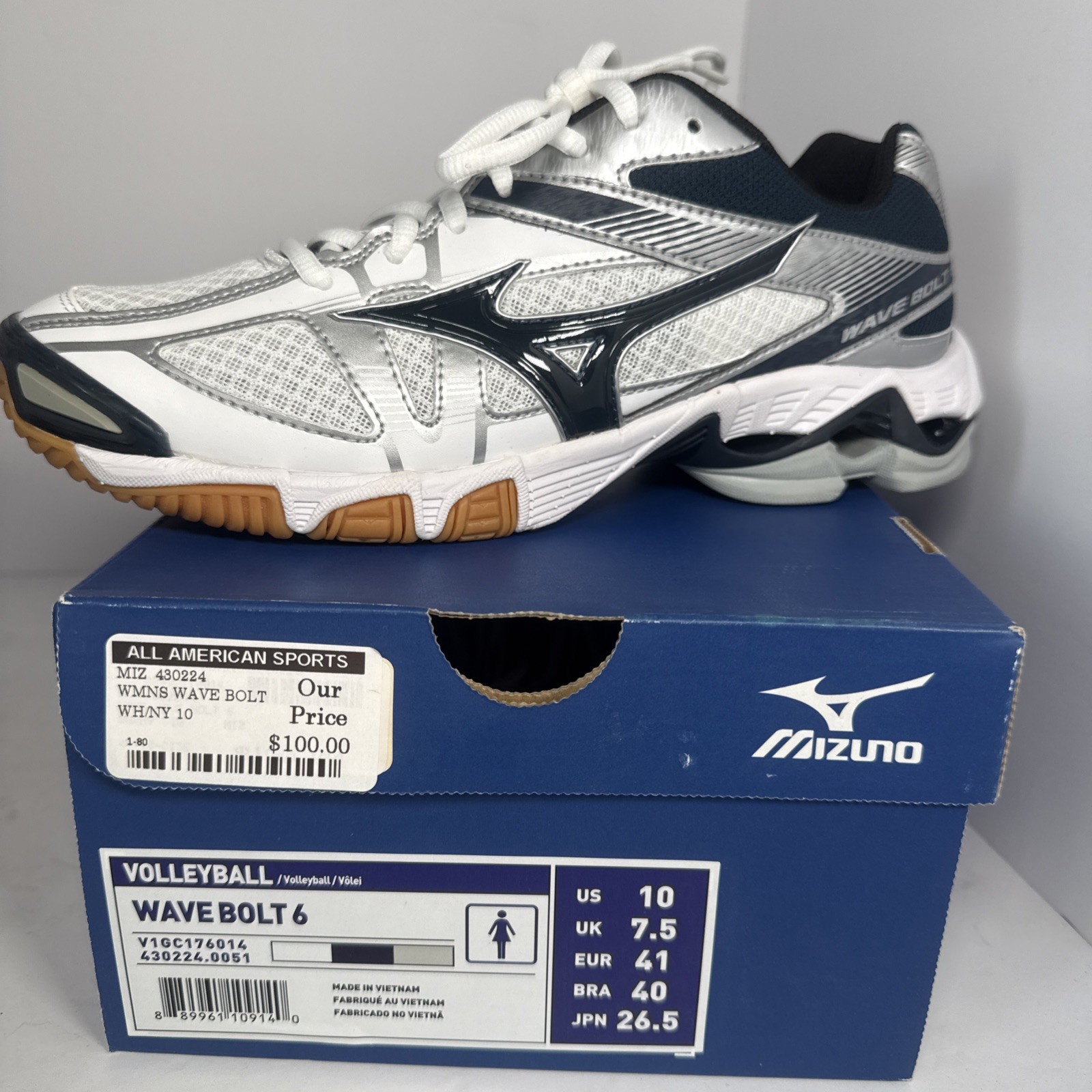 Mizuno WAVE BOLT 6 Women’s NEW Volleyball Shoes White/Navy US Size 10 MEDIUM
