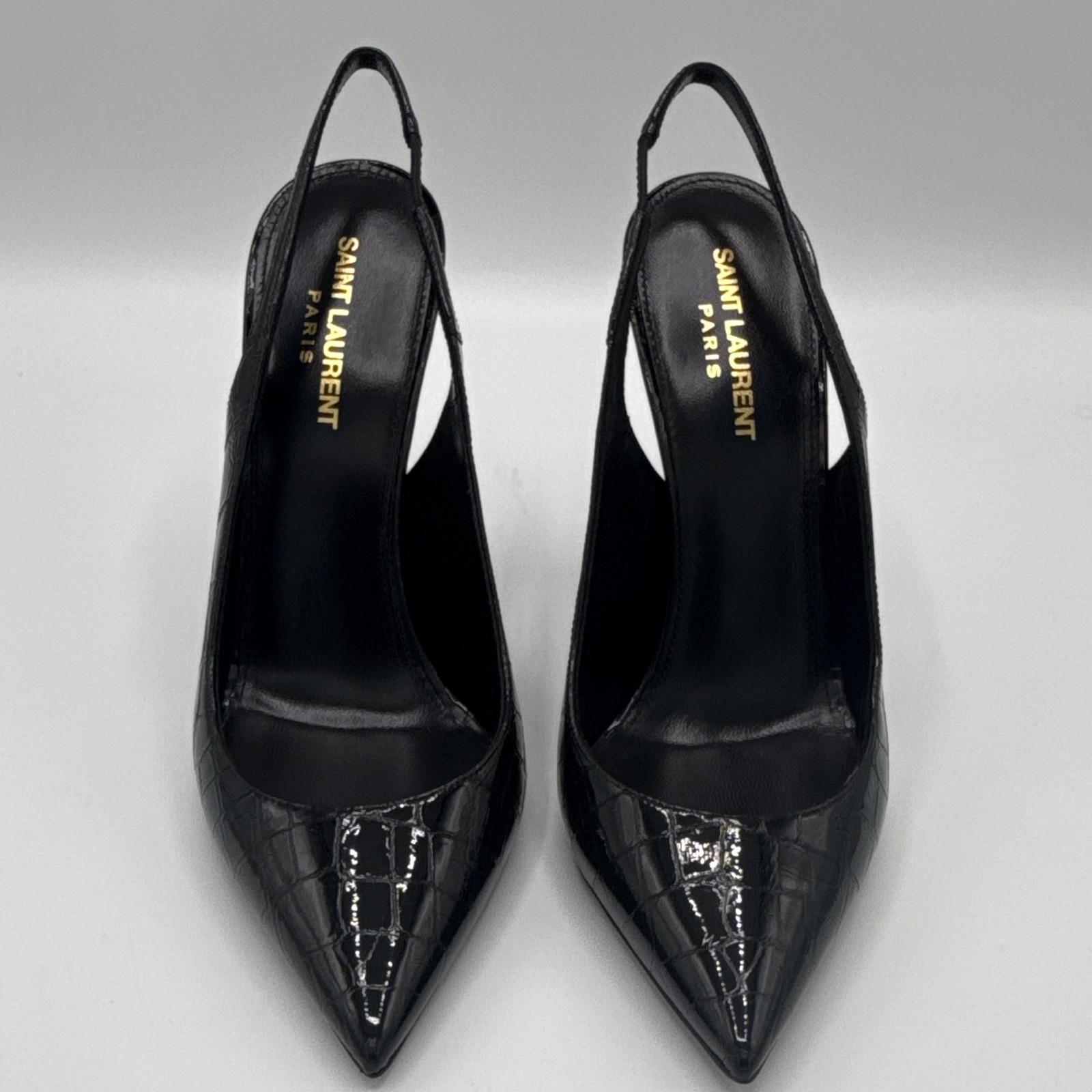 Saint Laurent Black Croc Embossed Leather Slingback Pointed Toe Heels – EU 39.5