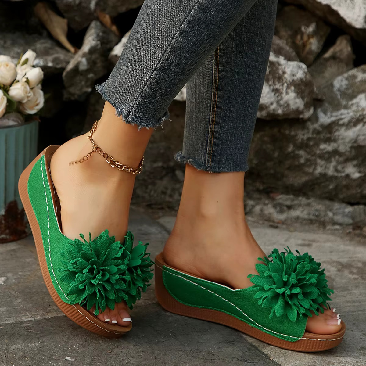 Women’s Flower Wedge Sandals Open Toe Slip-On Summer Platform Slides Casual