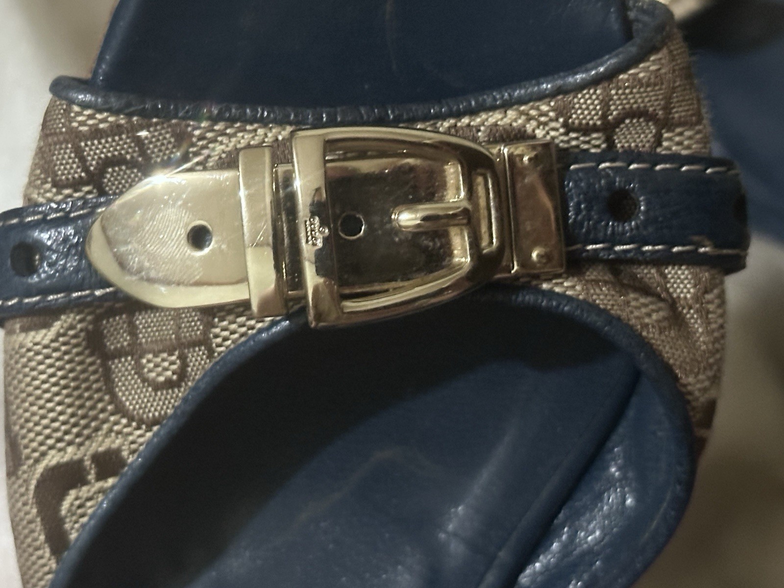 Gucci GG Logo Canvas Buckle Strap Slide Sandals Blue Beige Women’s 6B