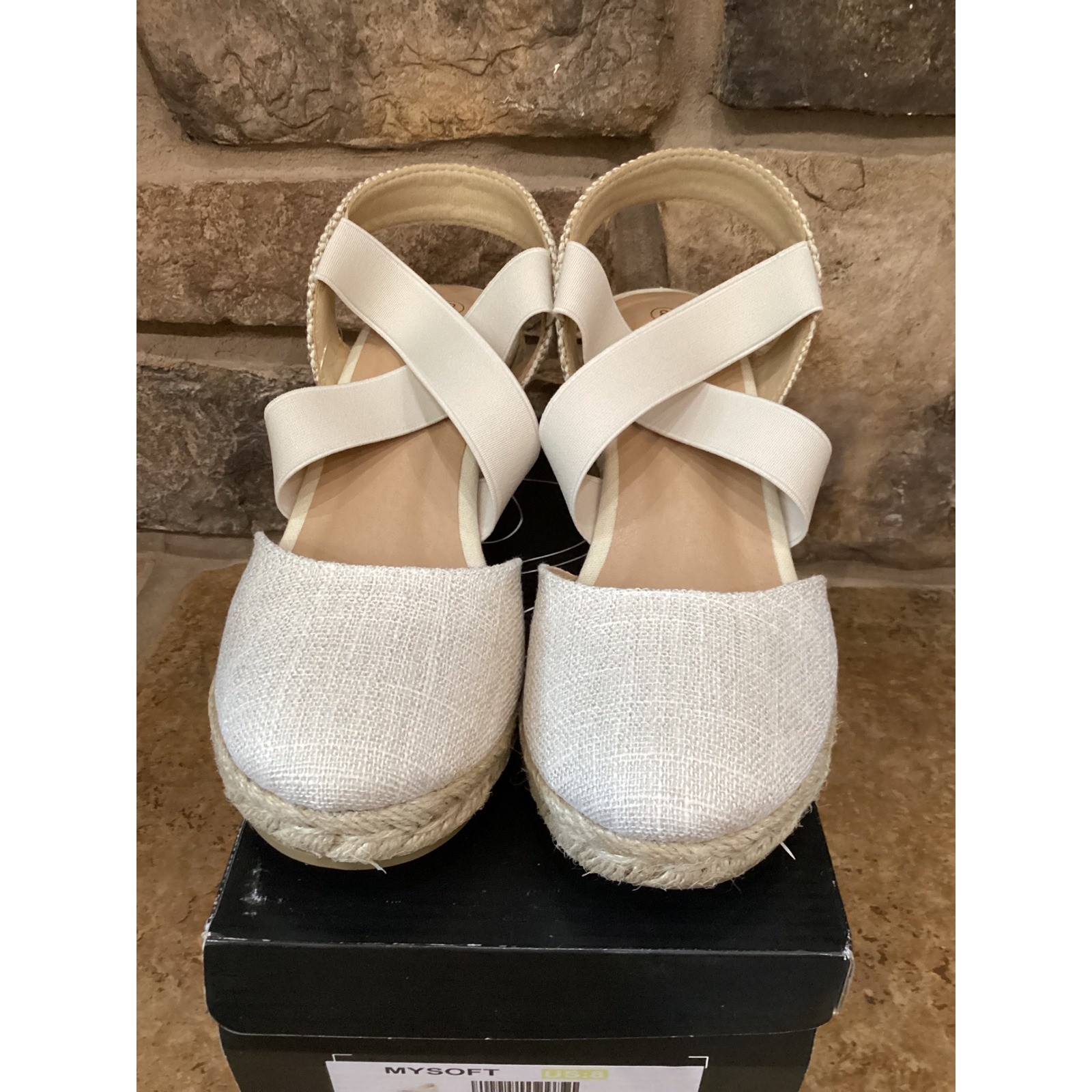 Mysoft Womens Espadrille Wedge Sandals Beige JDS04 Cross Strap Size 8 NEW