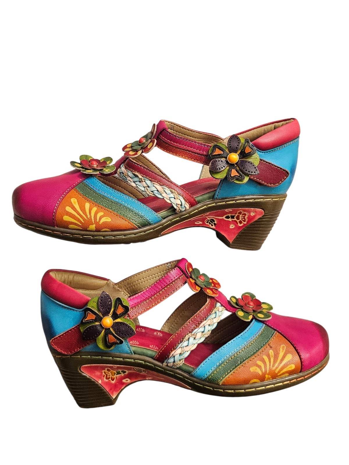 RIUTIRU WOMEN’S HANDMADE LAMBSKIN RETRO HIPPIE CASUAL SANDALS SZ 7.5-8 MULTICOL