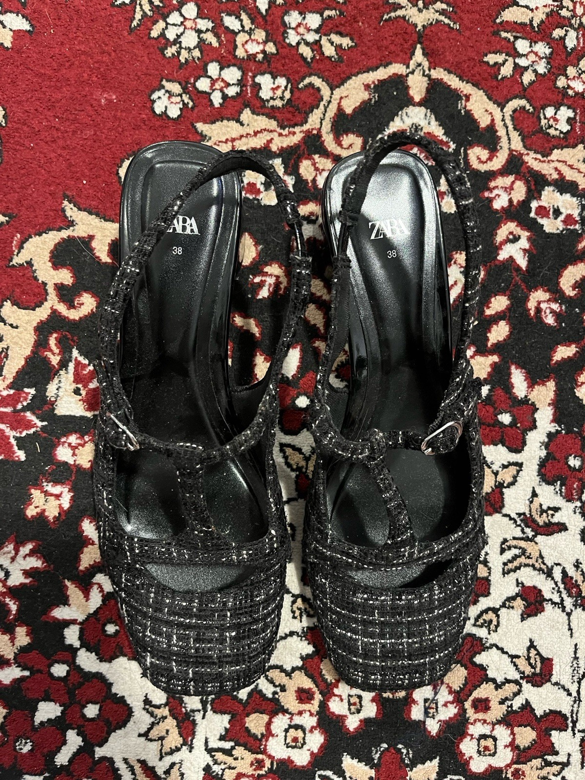 ZARA Women’s Black Tweed Strappy Slingback Square Toe Block Heel, US 7.5
