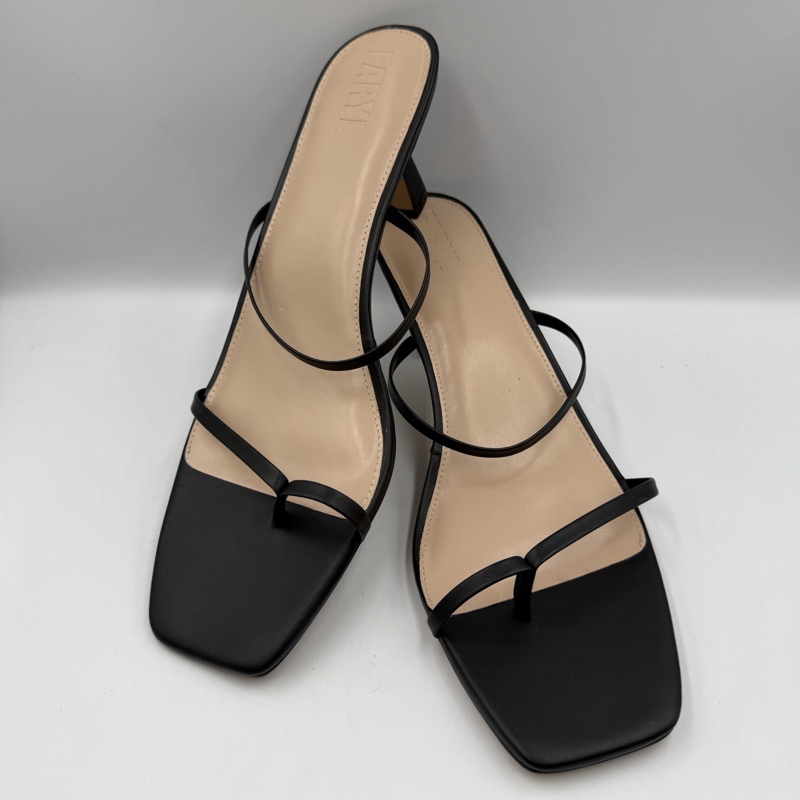 Faryl by Farylrobin Aria Black Leather Sandal Strappy 3″ Heel Women 16M Toe Loop