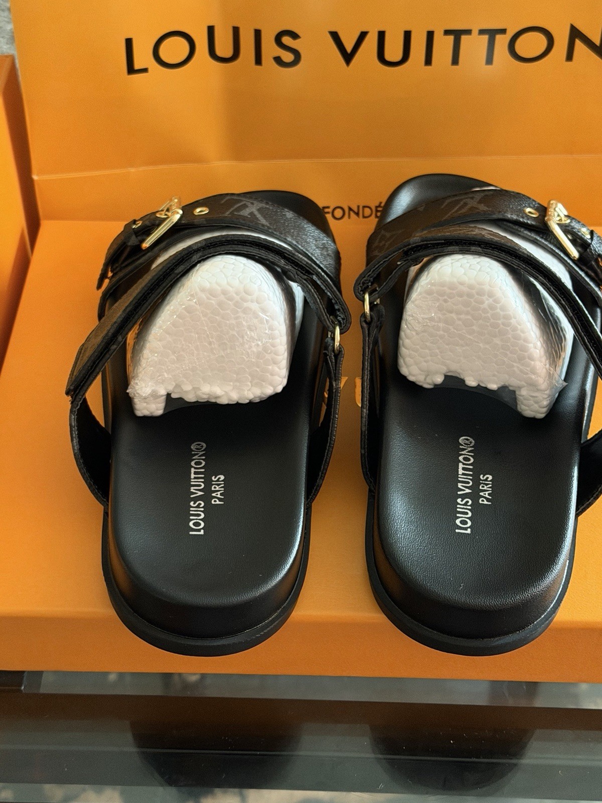 Louis Vuitton Black Monogram Logo Slide Sandals w/ Buckle Adjustable Strap