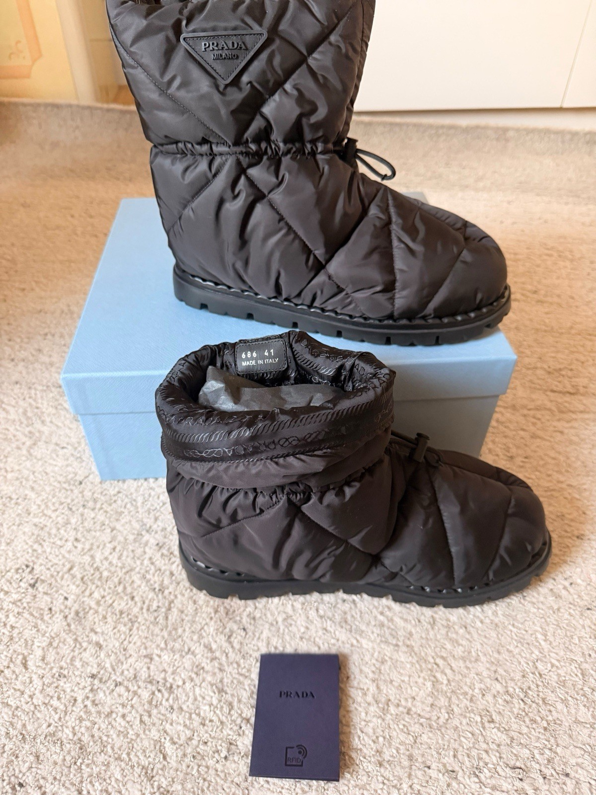 PRADA Milano Women’s Black Quilted Nylon Drawstring Lined Ankle Snow Boot 9.5