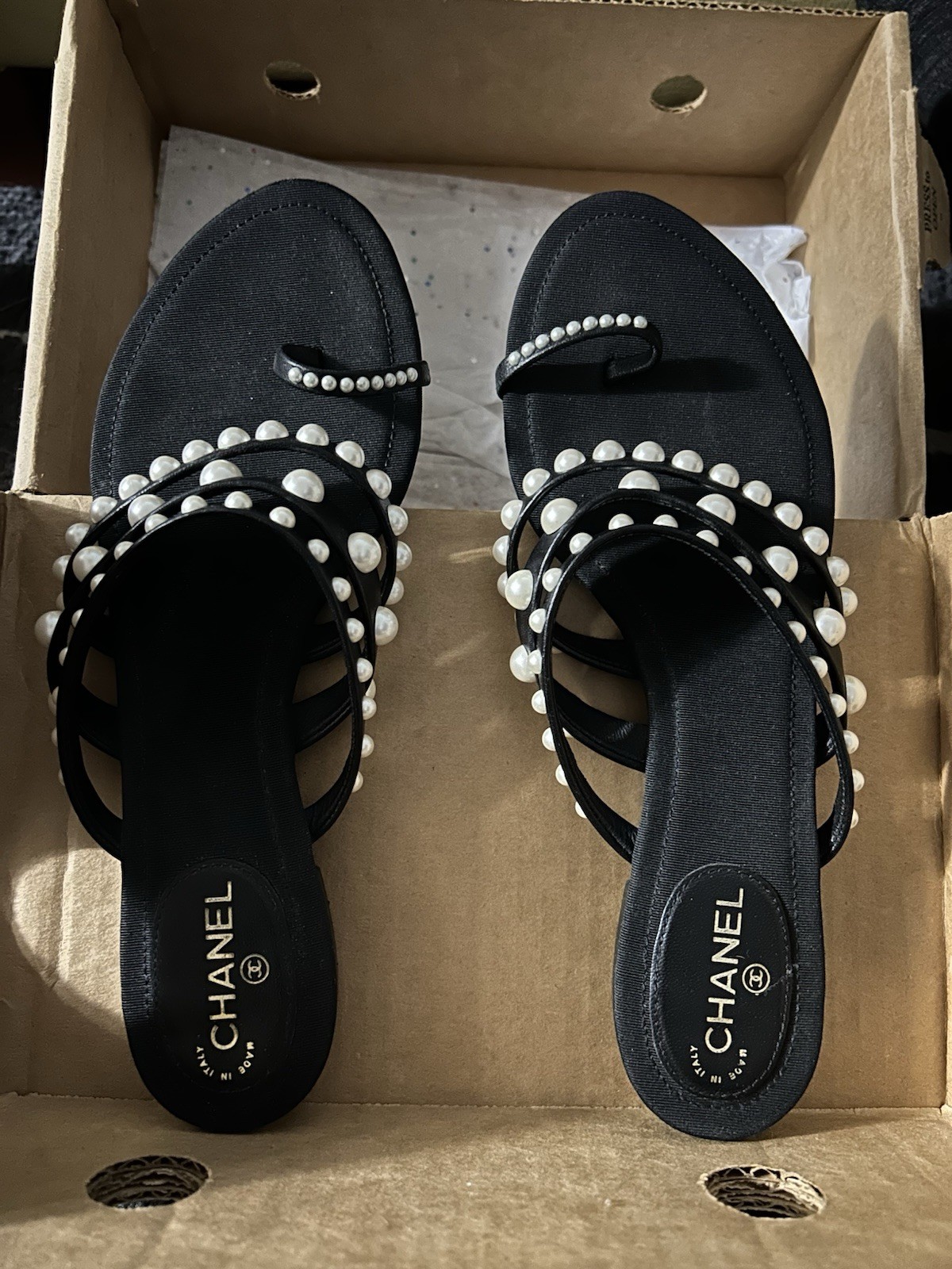 CHANEL Black Beaded Flat Sandals for Women, Casual Summer Logo Style