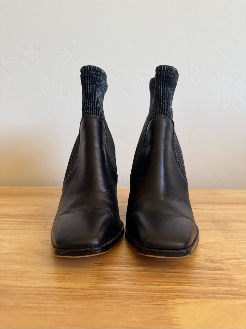 Vince Camuto Black Leather Sock Booties EU 38 Block Heel Ankle Boots