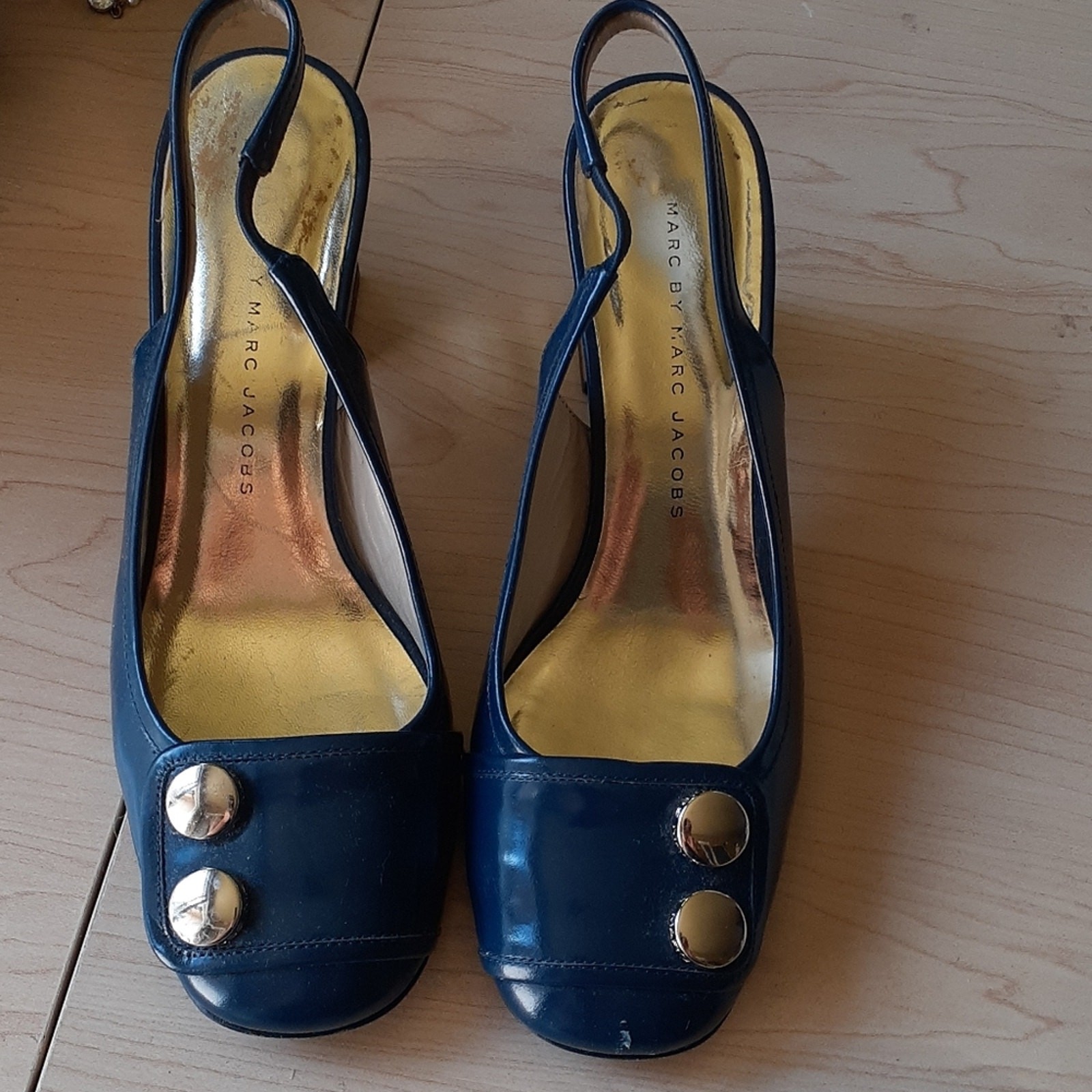 Marc by Marc Jacobs Sliingbacks Blue Gold Striped Heels 35.5 Art Deco City Chic