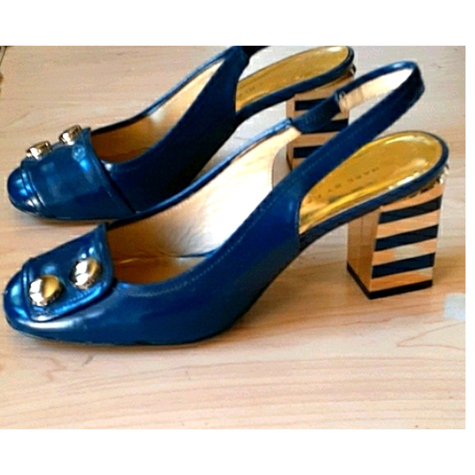 Marc by Marc Jacobs Sliingbacks Blue Gold Striped Heels 35.5 Art Deco City Chic
