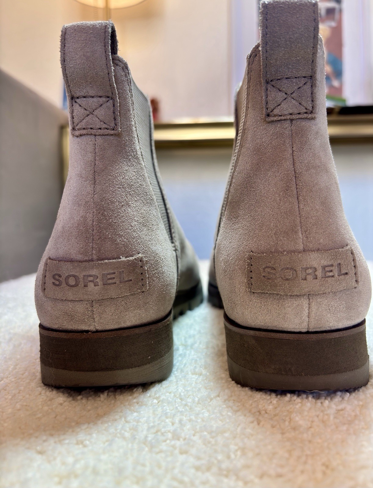 Sorel Women’s Taupe Suede Chelsea Ankle Boot Pull Tab Elastic Gore Block Heel 9M