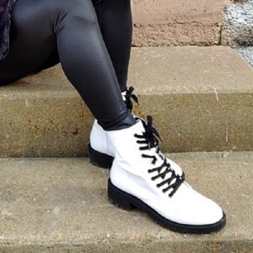 STEVE MADDEN White Leather Checker Combat Boots Black Lace-Up Zip Lug Sole 5 M