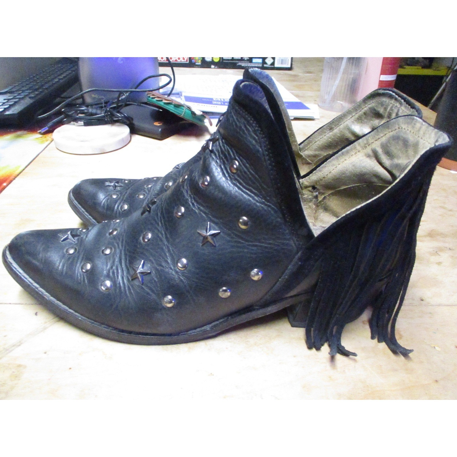 Black Leather Star Studded Pointed Toe Ankle Boots Leopard Print Lining Womens