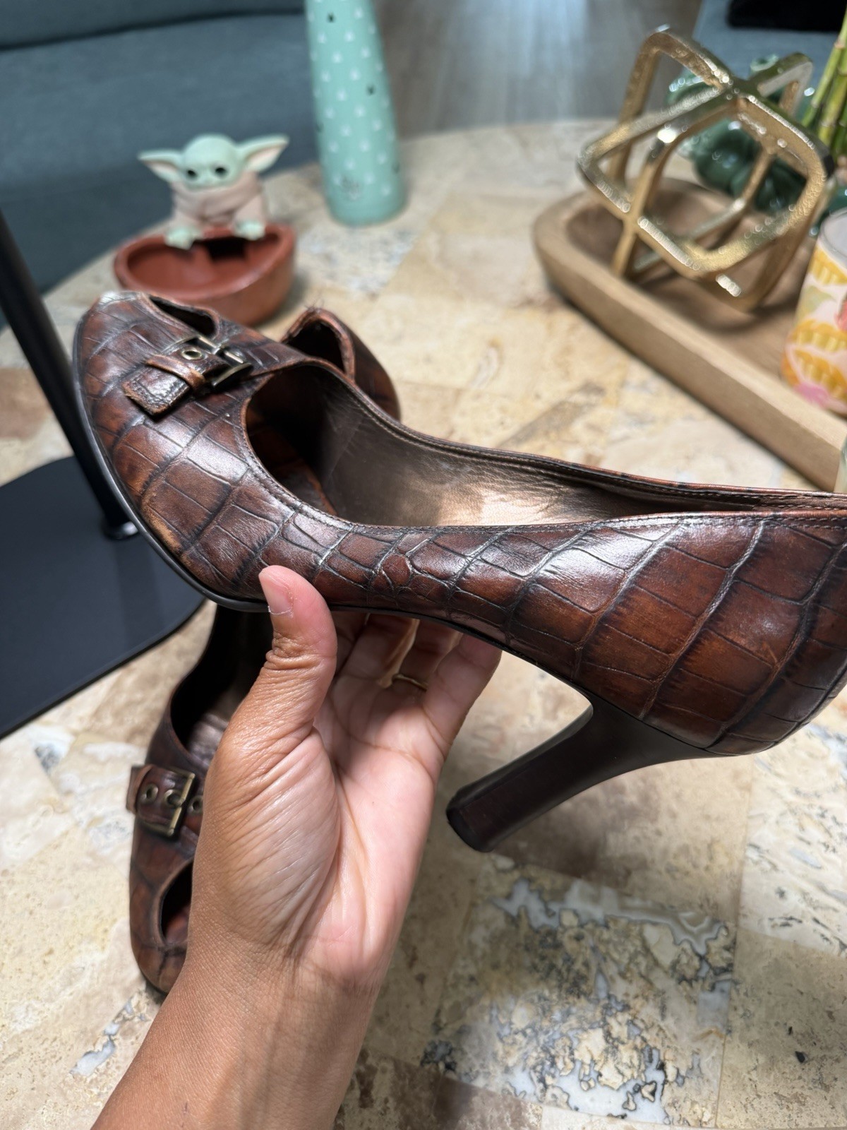 Cole Haan Brown Croc Embossed Leather Peep Toe Buckle Block Heel 11M