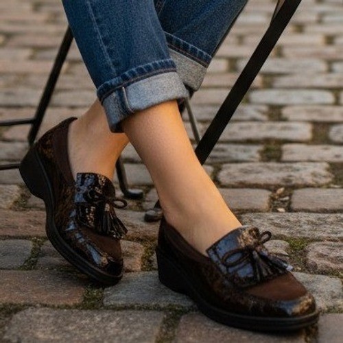 Ara Womens Brown Croc Embossed Patent Leather Suede Tassel Kiltie Loafers