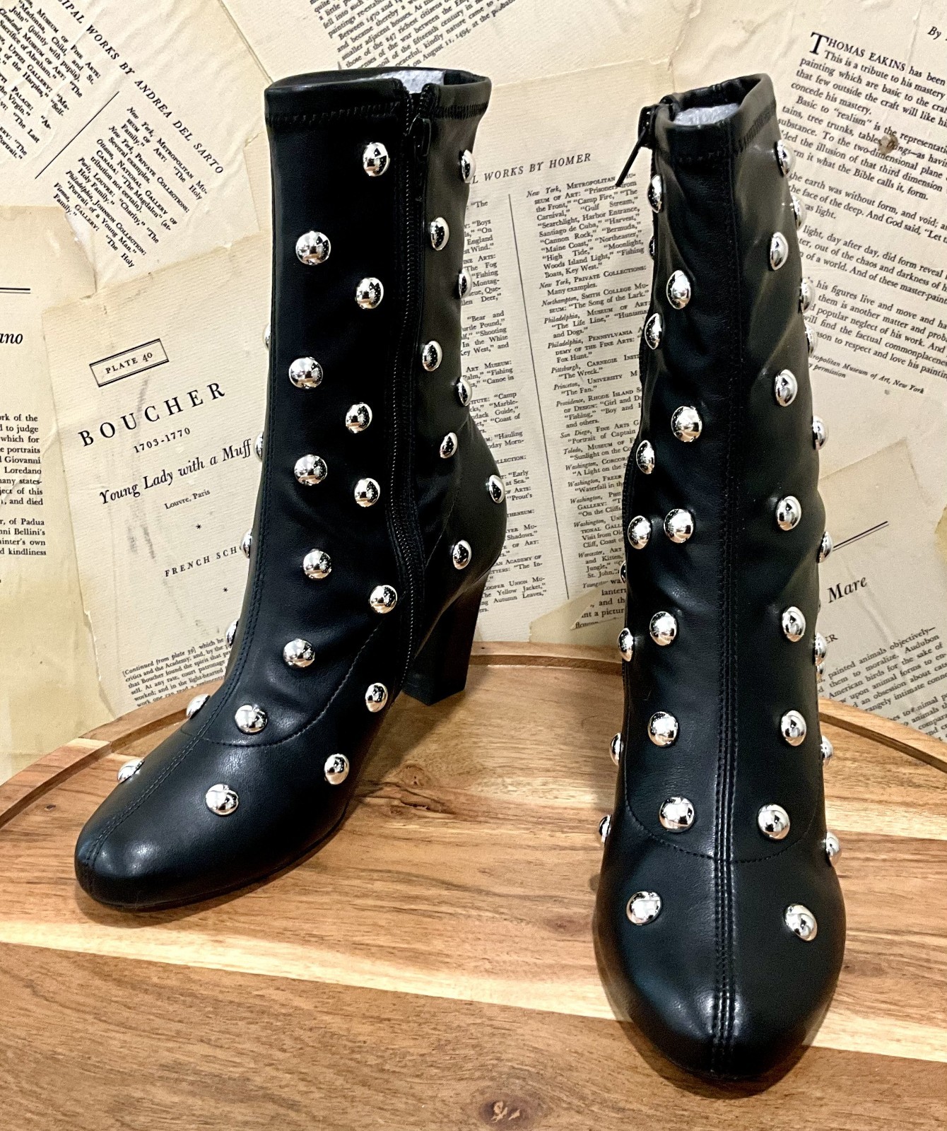 Anthropologie Maeve Studded Stretch Ankle Boots Black Silver Studs 37/ 6-6.5 NIB