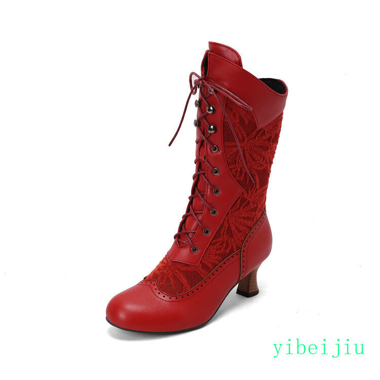Women’s Mid Calf Kitten Heel Ankle Boots Lace Up Leather Shoes Leather Vintage