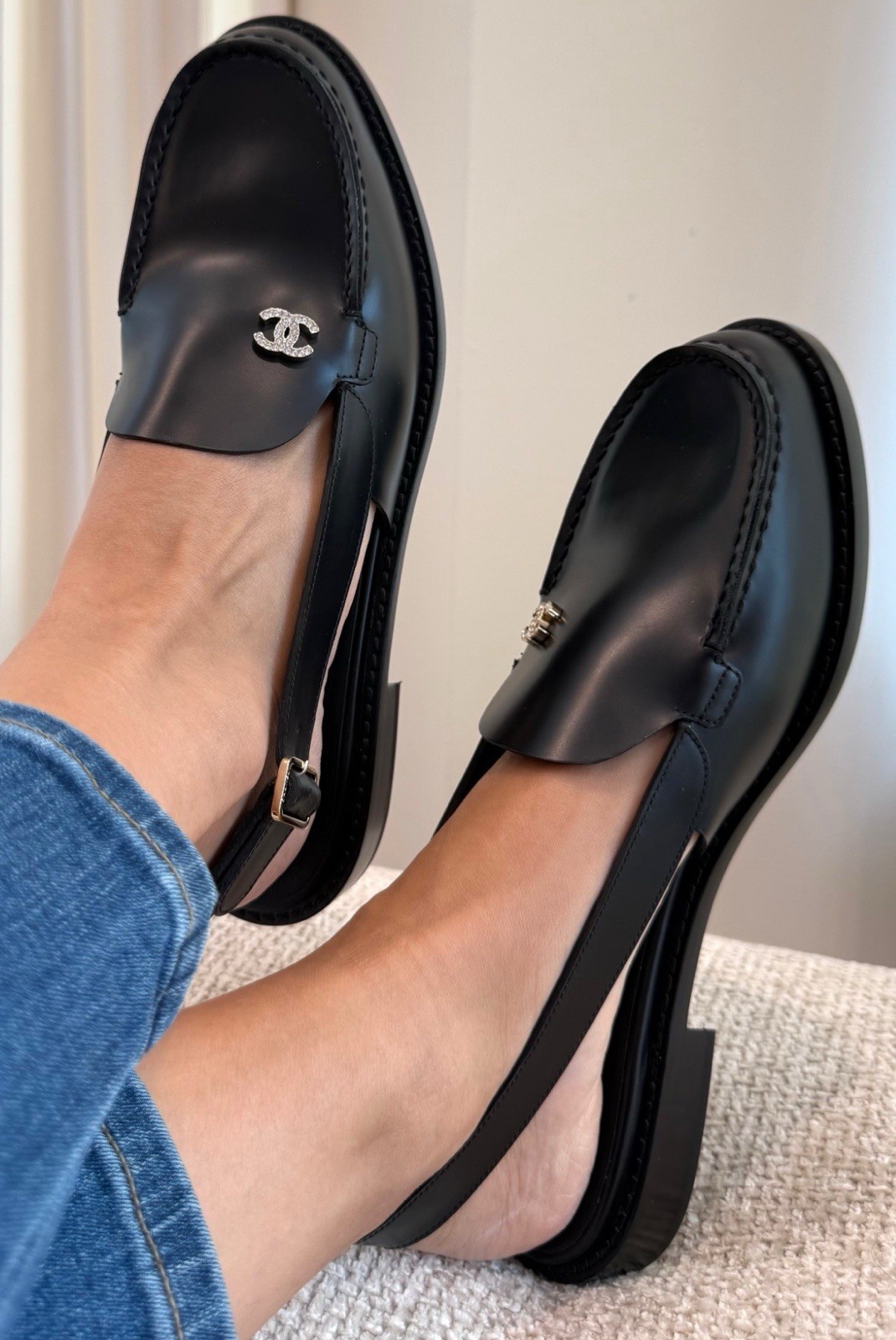 CHANEL Crystal CC Logo Flat Slingback Loafers Black Shoes