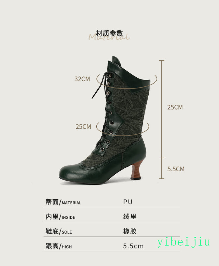 Women’s Mid Calf Kitten Heel Ankle Boots Lace Up Leather Shoes Leather Vintage