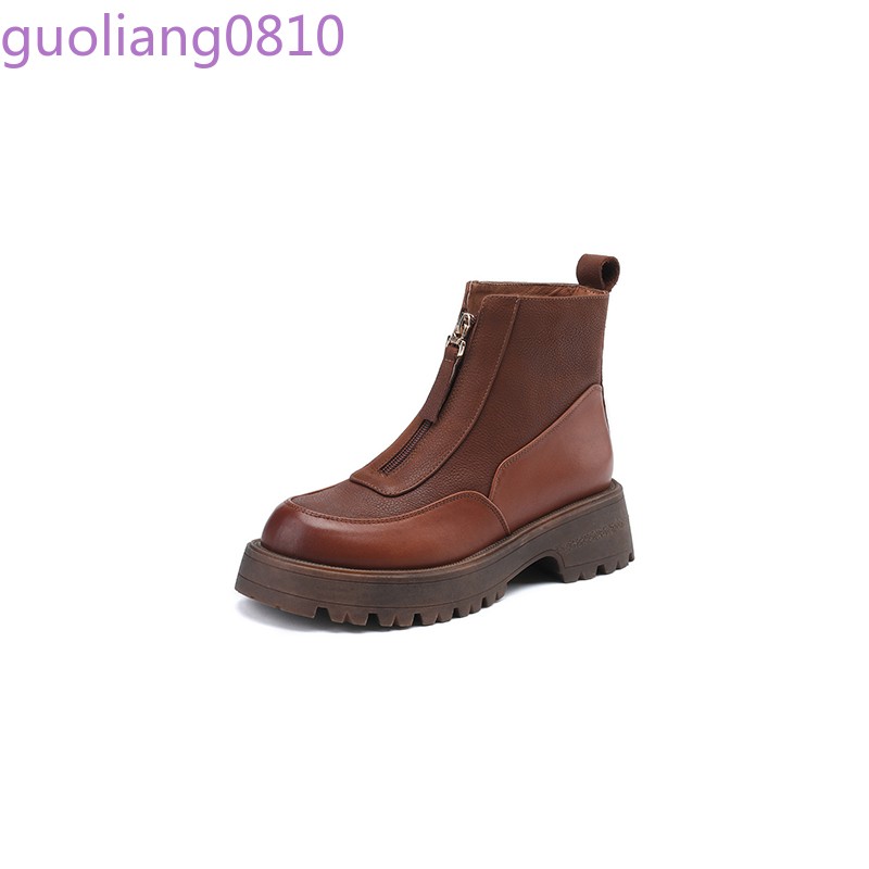 Women’s Leather Ankle Boots Round Toe Shoes Block Heel Zip Platform Fashion OL
