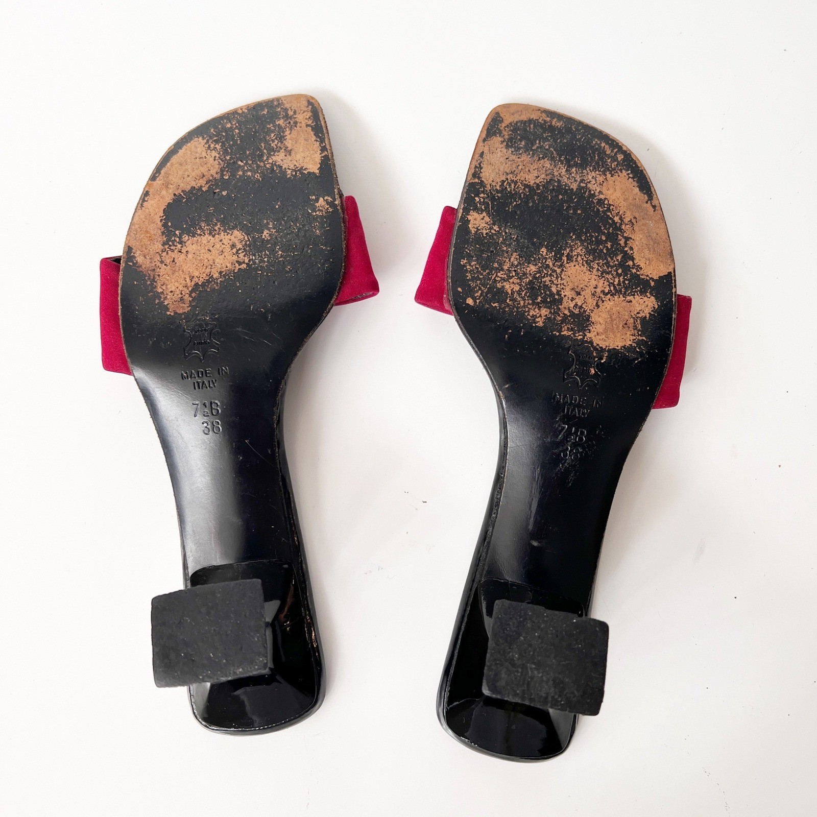 Vintage 90s Kitten Heel Mules Size 7.5 Black Red Square Toe Italian Sculptural