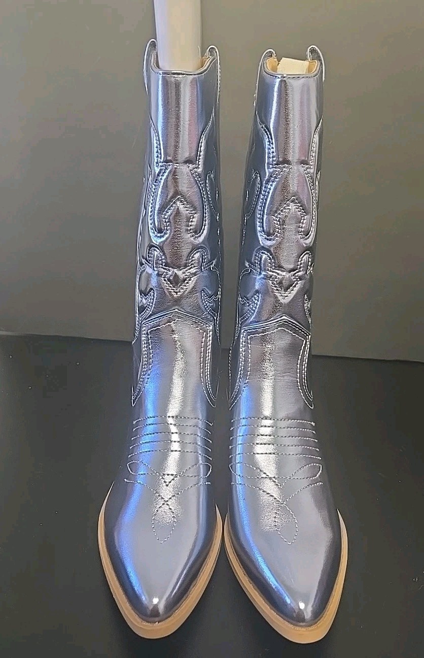 Soda RENO Women Western Cowboy Sky Blue Mettallic Boots, Size 9
