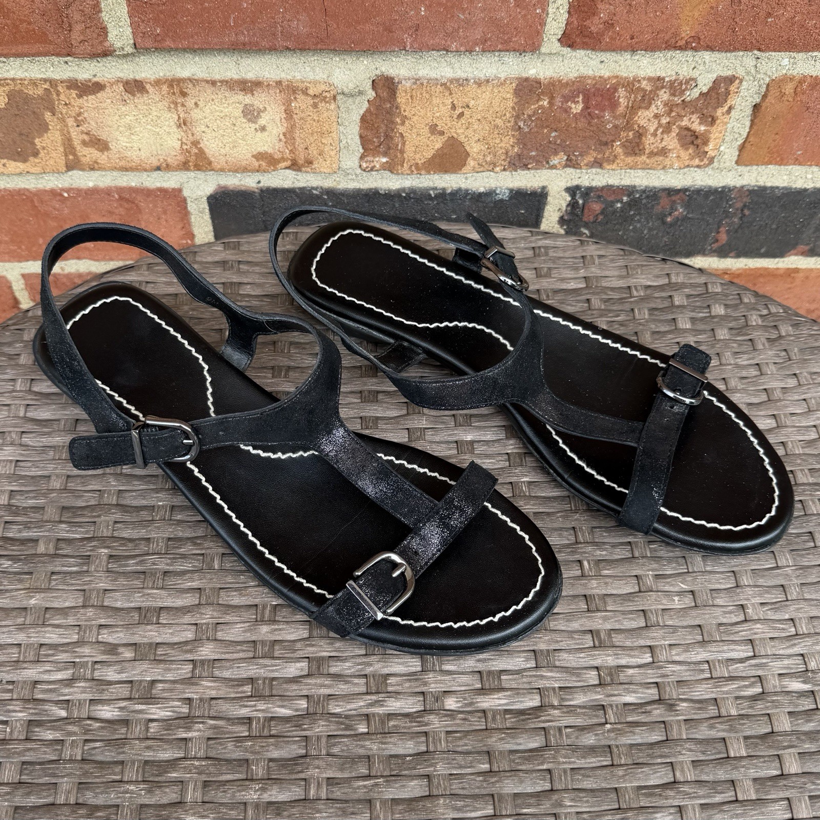 Vaneli Taletha Sandals Women Sz 9 Glitter Black Strappy White Stitching Leather