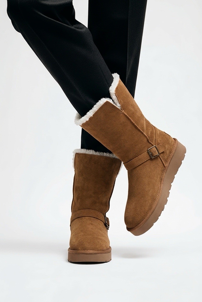 Koolaburra Women’s Brown Suede Knee High Boots Faux Fur Trim Buckle Size 8