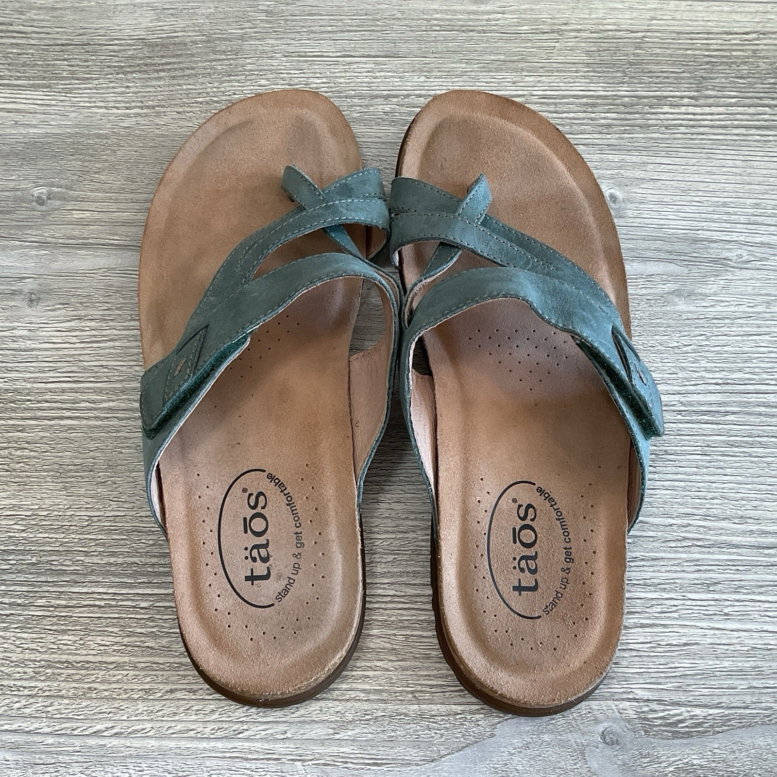Taos Perfect Sandals Leather Comfort Women 10 Adjustable Cork Footbed Thong Blue