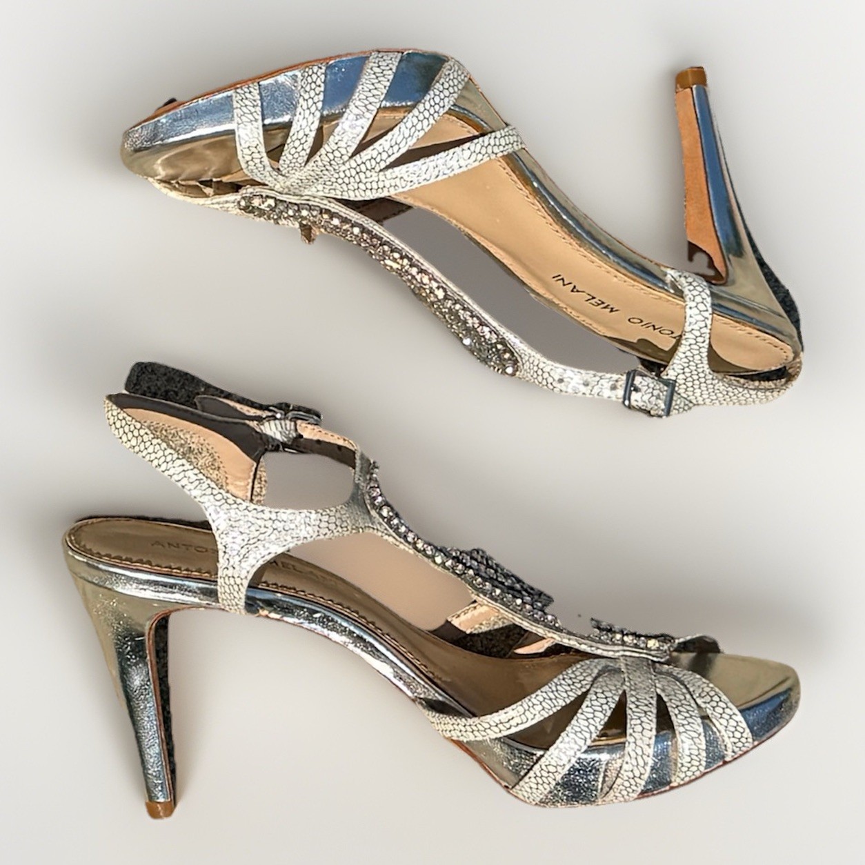 Antonio Melani Silver Embellished T Strap Stiletto Heels Size 7.5