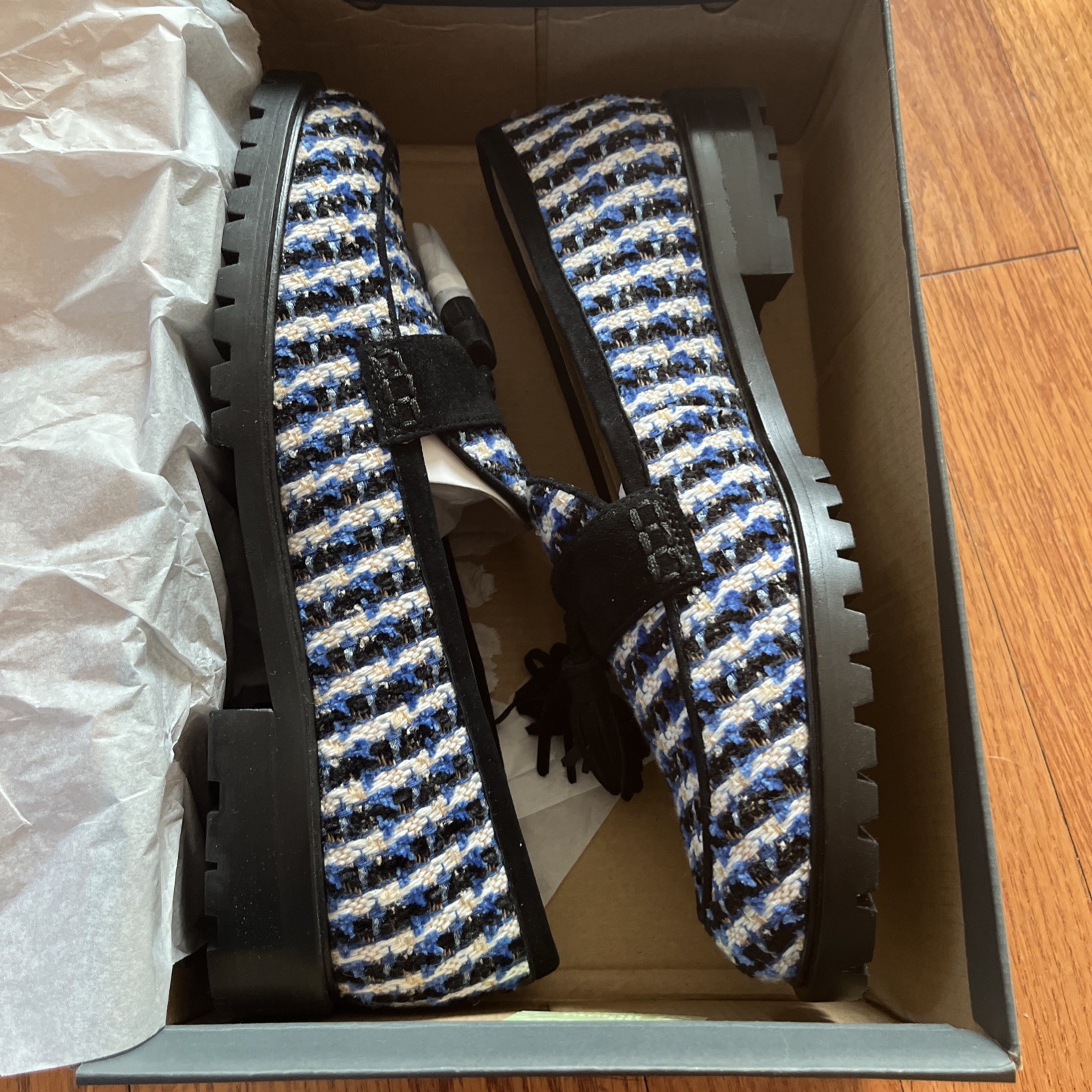 Ann Taylor houndstooth tweed loafers sz 9 black blue white new shoes