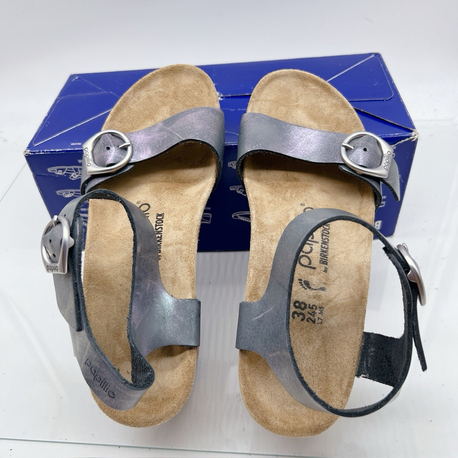 Birkenstock Papillio Soley Ring Buckle Sandal Metallic Black Wedge EU 38