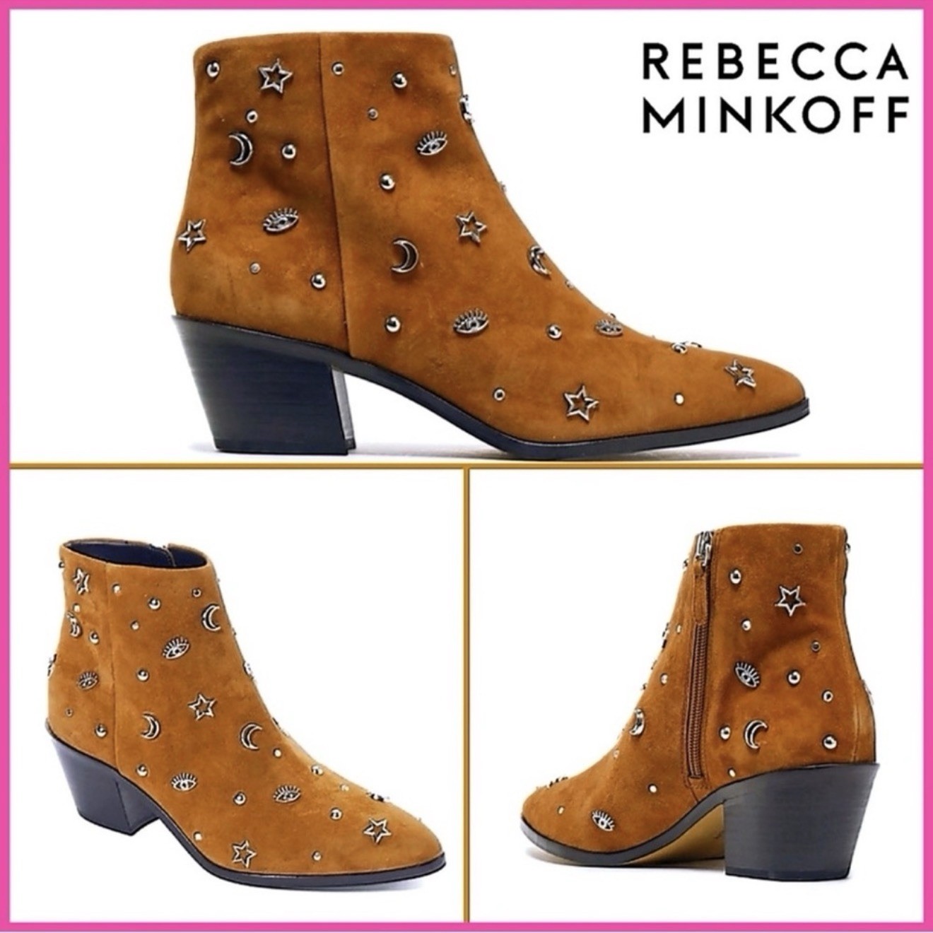 Rebecca Minkoff Lizzie Celestial Brown Silver Suede Studded Bootie Boot 8.5