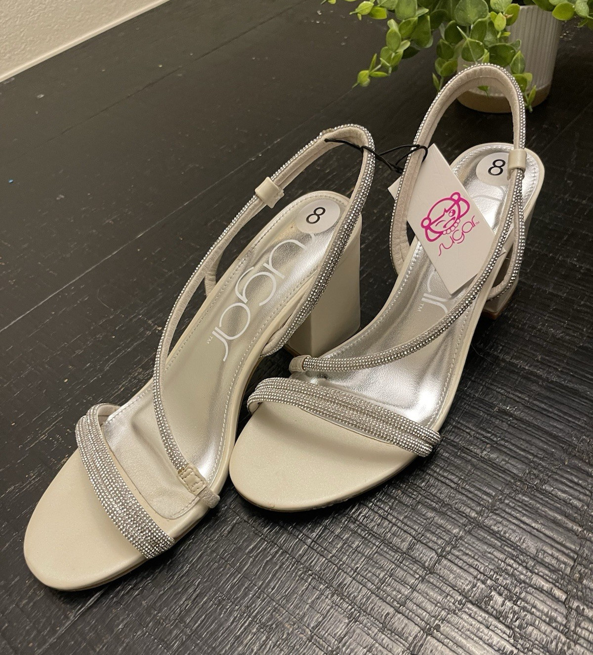 Sugar Women’s Beige/Silver Strappy Synthetic Sandals Slip On Rhinestone 8