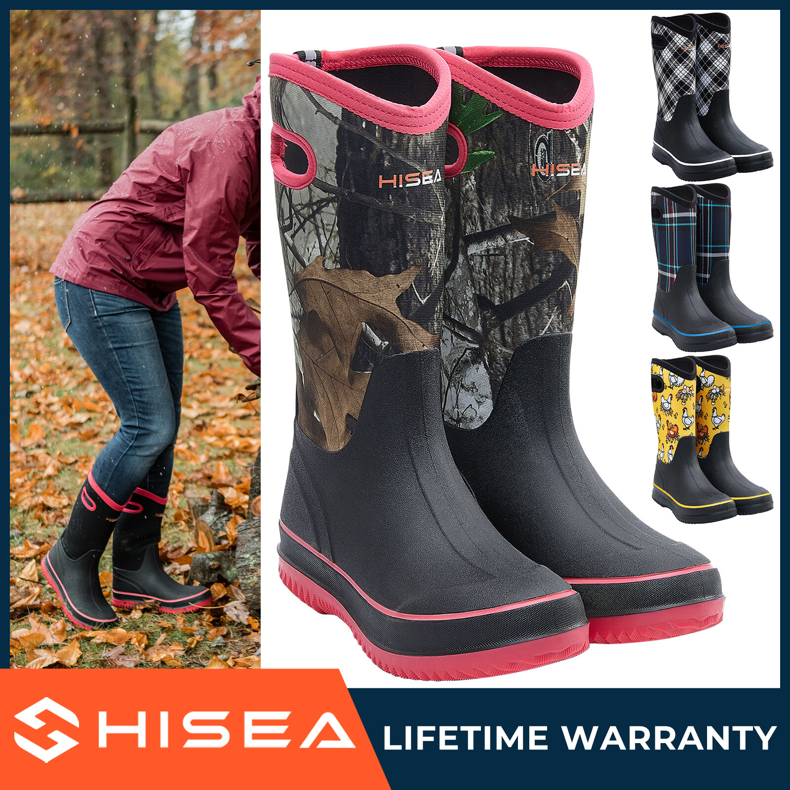 HISEA Women Rain & Snow Boot Waterproof Anti-Slip Pull On Handle Garden Mud Boot