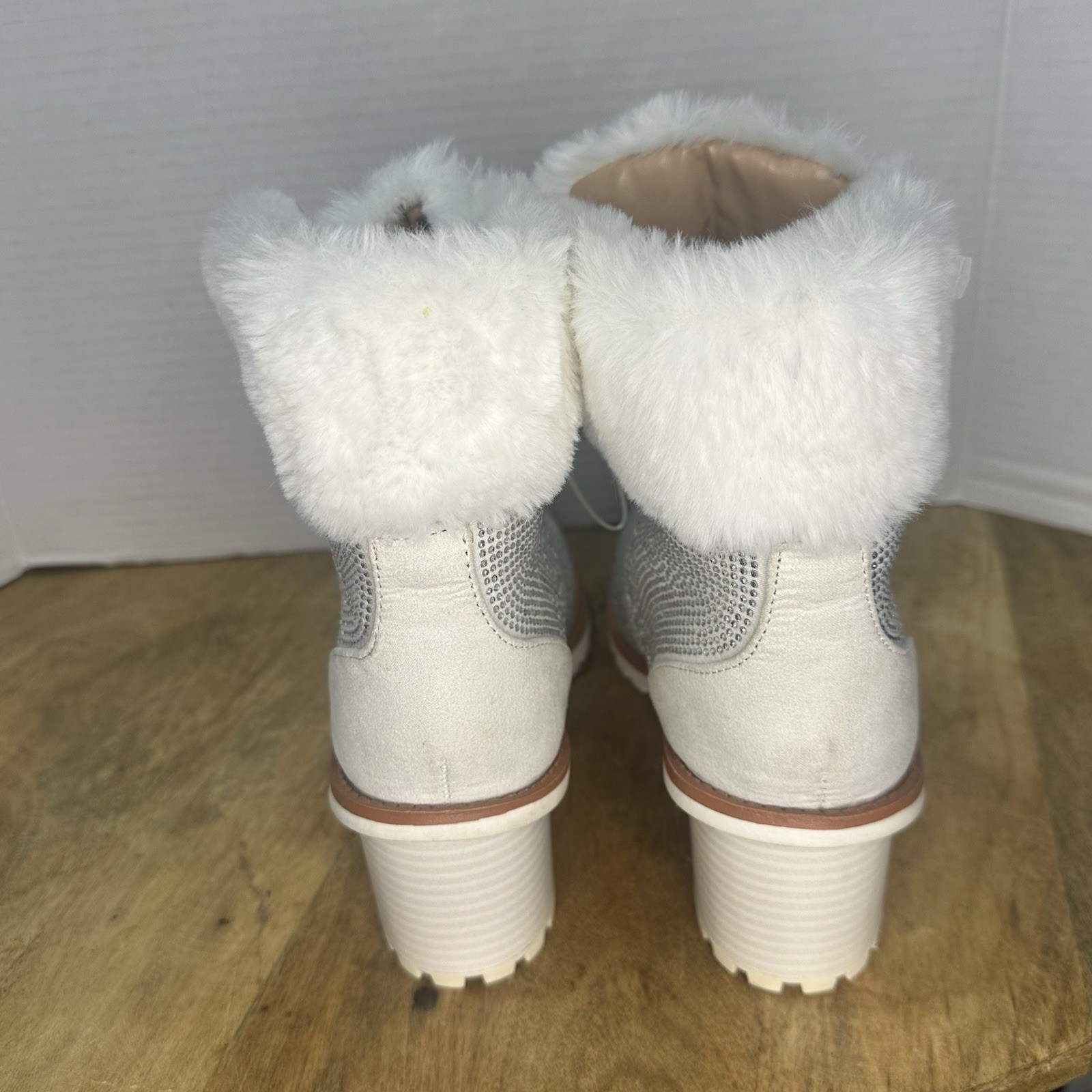 Nannette Lepore Anais Bootie Rhinestone in Winter White Size Womens 9M Faux Fur