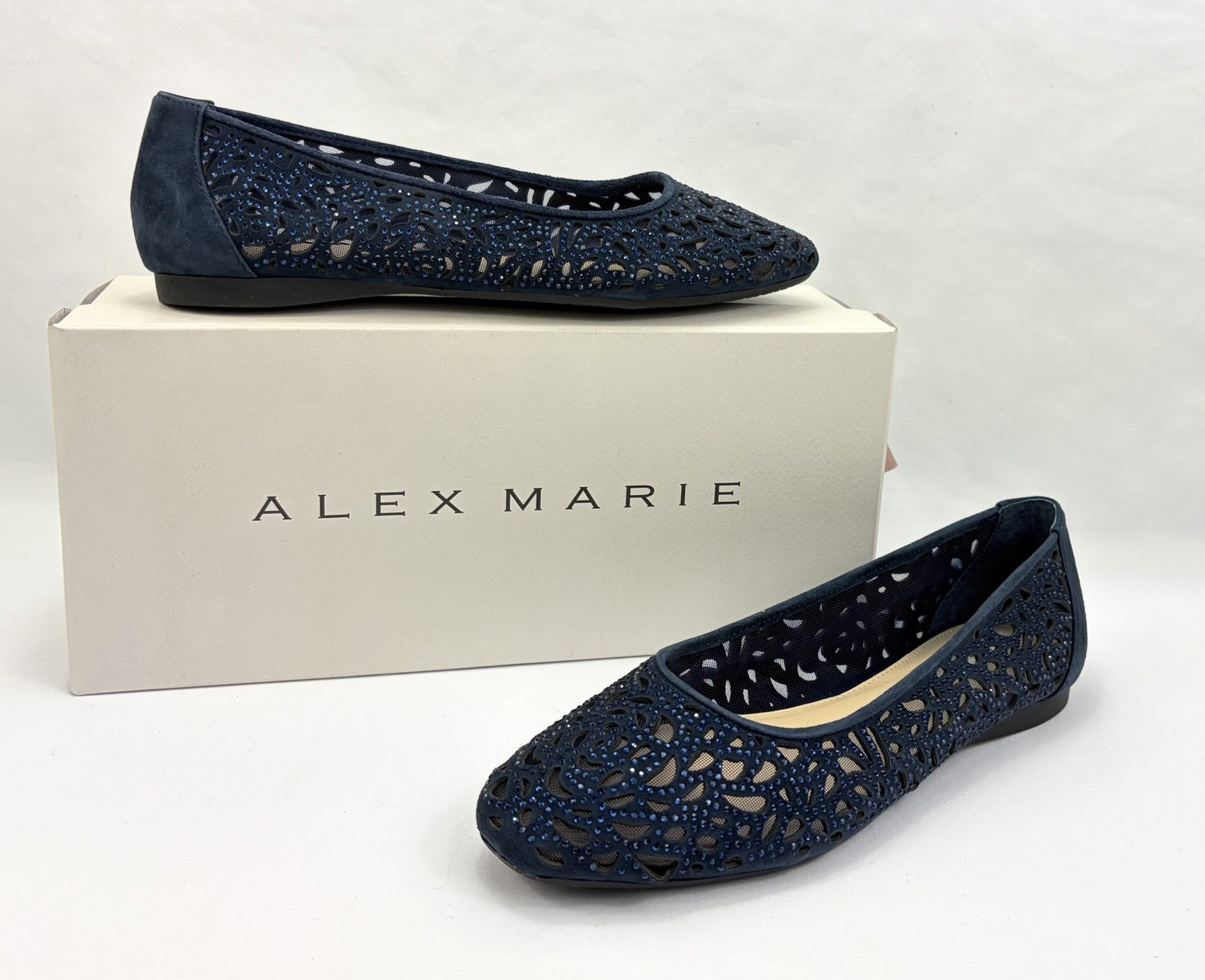 Alex Marie Altana Suede Laser-Cut Rhinestone Ballet Flats Navy Women’s 7 NIB