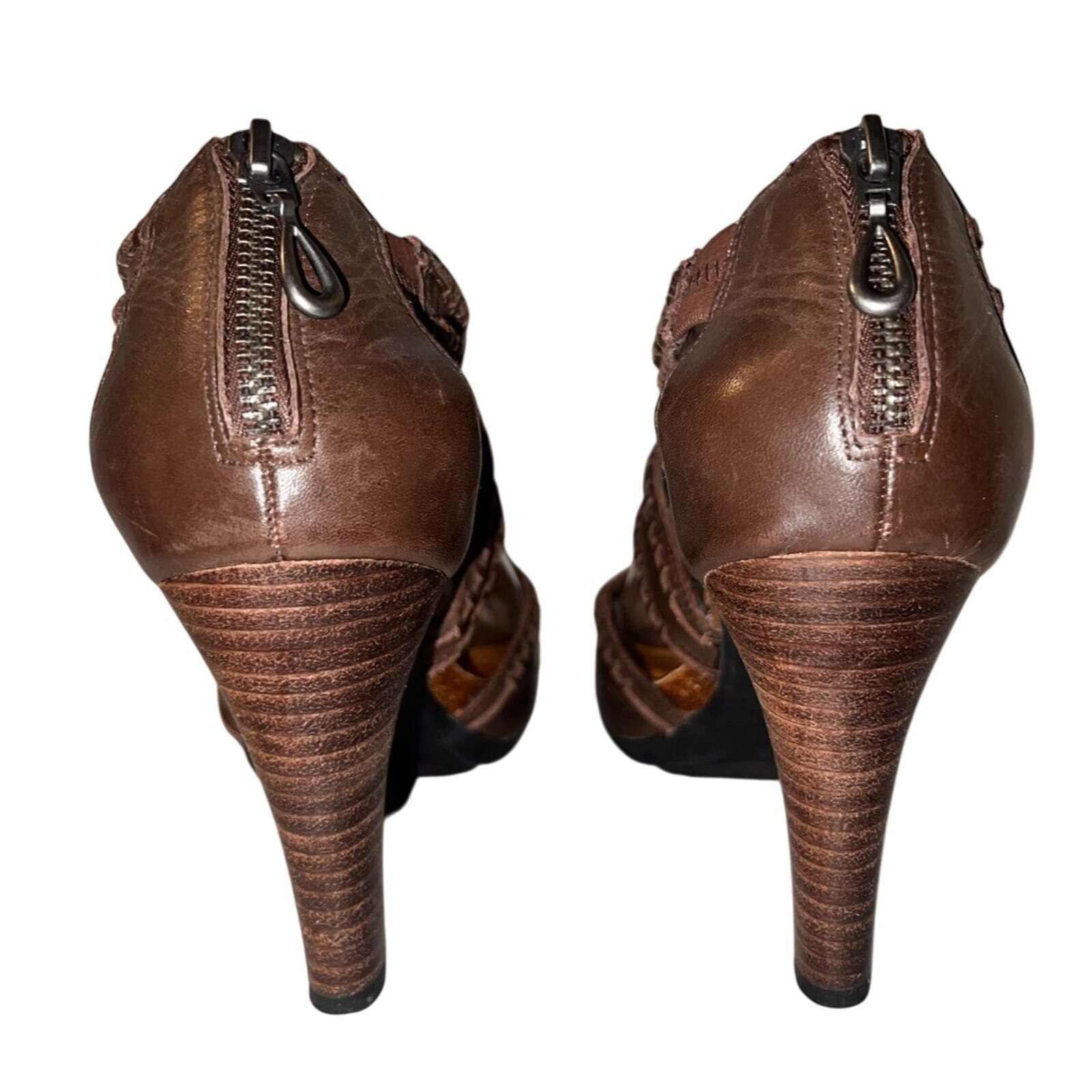 Adam Tucker Me Too Brown Leather Woven Whipstitch Ankle Strap Heels Size 9.5M