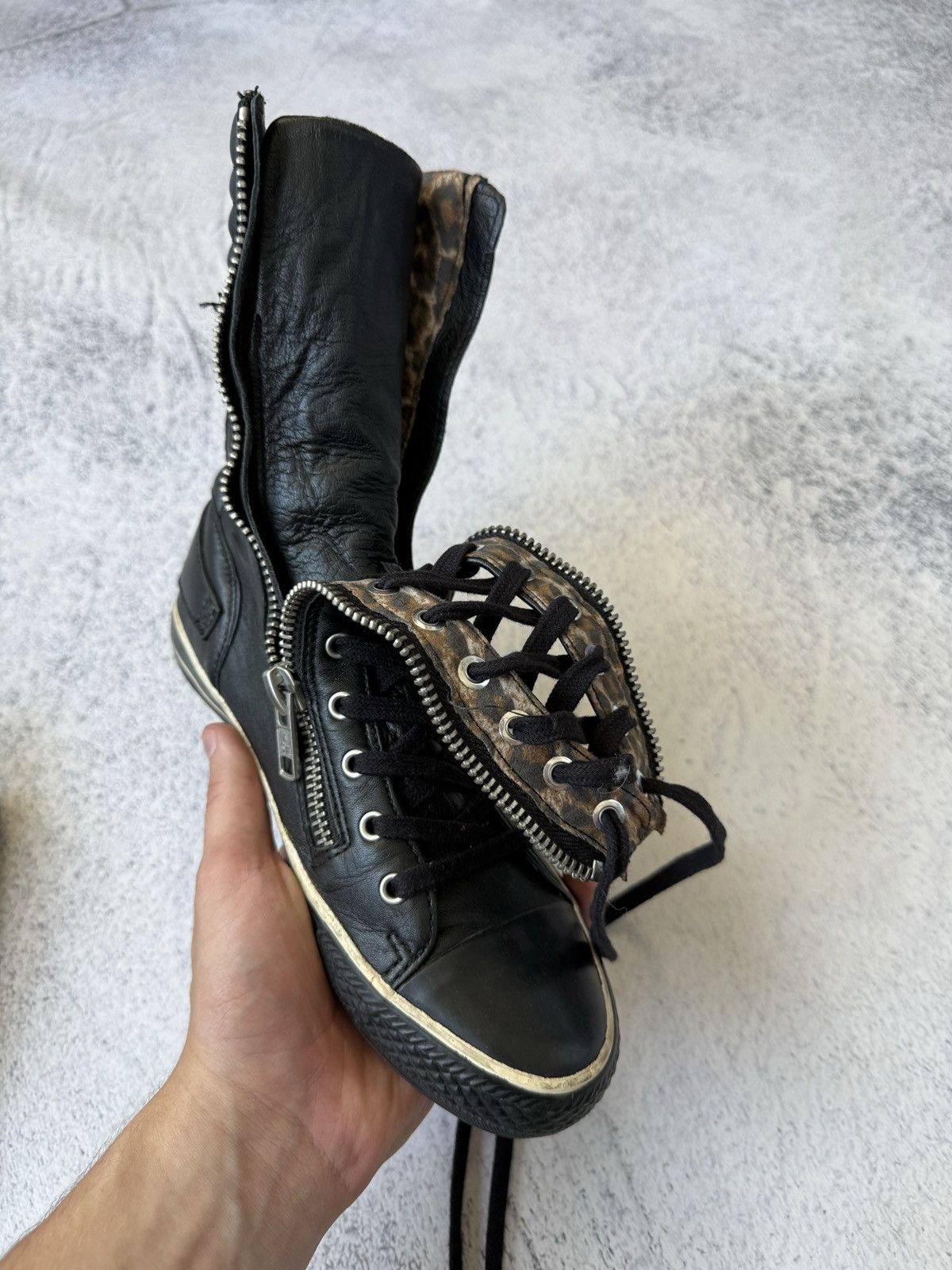 Ash Black Leather High Top Sneakers Zip Buckle Punk Y2K Avant Garde Japanese