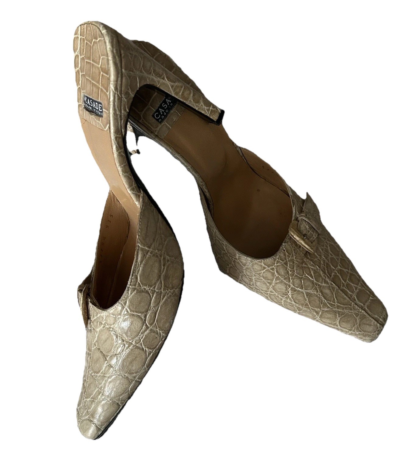 Casadei Beige Leather Croc Embossed Square Toe Buckle Mule Heels Size 8
